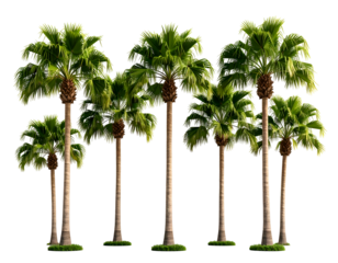 A vibrant cluster of lush green palm trees swaying gently in the warm tropical breeze under a clear blue sky.