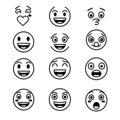 Collection of Different Happy Emoji Faces with Various Emotions on Isolated White Background