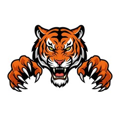 Fierce Roaring Tiger Head Mascot with Extended Claws on Isolated White Background