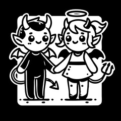 Cartoon couple of a devil boy and devil girl standing together, symbol of love, mischief, and fantasy charm.