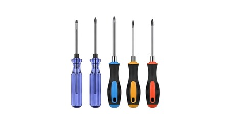 A set of four screwdrivers with vibrant color-coded handles sits against a plain white background.