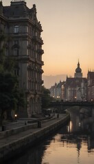 Fototapeta premium Urania building on the left, Danube Canal scene in Vienna transitioning from day to night, cheery lemon tones, subject positioned on the left with ample copy space on the right