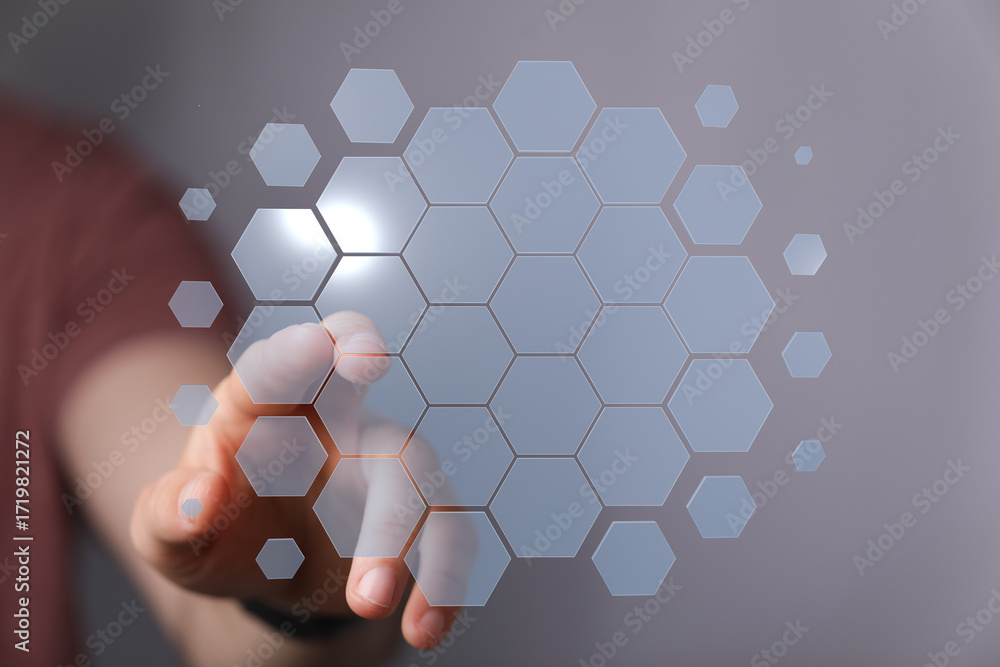 Poster abstract image of a hand interacting with a futuristic digital interface. perfect for technology, in