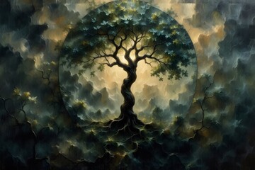 K abstract style artwork featuring a tree of life representing hope within a circular masterpiece, with the subject positioned at the top and ample copy space at the bottom for photos.