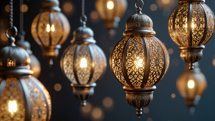 Obraz premium A collection of ornate Arabic lanterns hang against dark background with bokeh lights. The image evokes a feeling of celebration, warmth, and festive atmosphere, perfect for themes like Ramadan or Eid