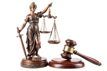 Bronze Lady Justice statue and wooden gavel isolated on a transparent background