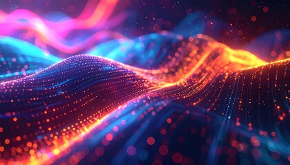 A vibrant, abstract digital artwork featuring flowing, undulating lines and scattered light particles in shades of blue, orange, and pink