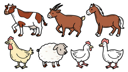 Farm Animals with Farmers Vector Icon Set – Flat Style Cow, Goat, Hen, Sheep, Pig, Horse, Duck, Donkey, Turkey with Male and Female Farmers, Educational Sticker Pack