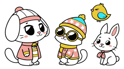 Seasonal Pets Sticker Icon Set – Cute Cats, Dogs, Rabbits and Birds in Winter Hats, Sunglasses, Raincoats and Festive Outfits, Kawaii Cartoon Vector Pack