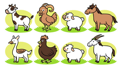 Farm Animals Vector Icon Set – Cute Flat Style Cow, Goat, Hen, Sheep, Horse, Duck, Pig, Donkey, Turkey and Rooster, Educational Stickers and Infographic Pack