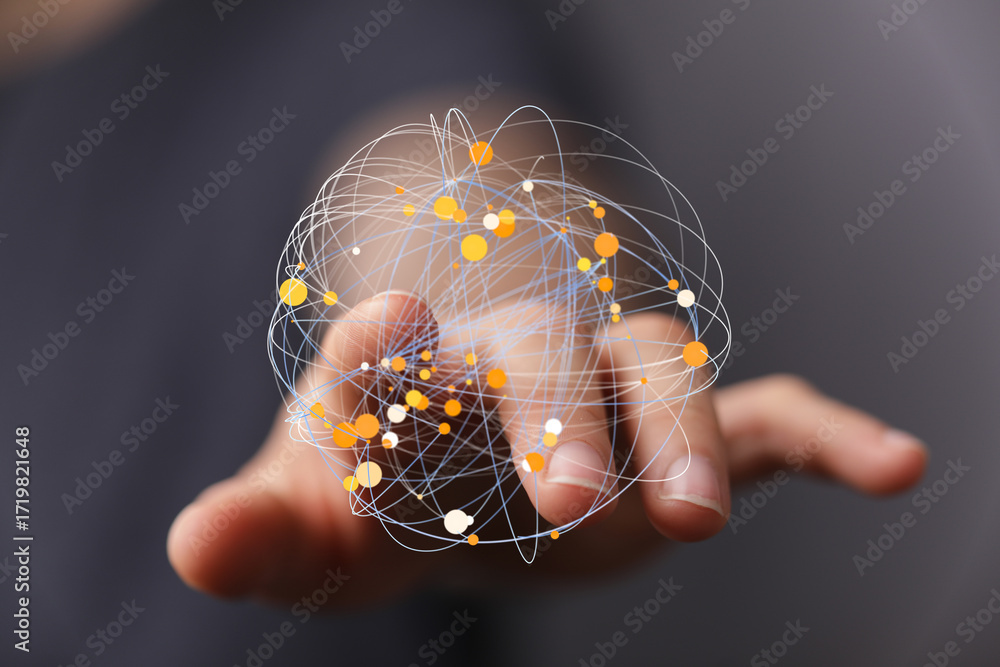 Aufkleber hand interacting with a digital sphere, representing global network connections and data visualizati