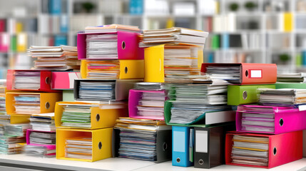 Organized chaos of colorful file folders stacked on desk, showcasing variety of documents and papers. vibrant colors add lively touch to workspace, creating energetic atmosphere