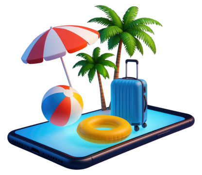 Blue suitcase beach ball umbrella inflatable ring on a smartphone screen with palm trees vacation travel isolated on a transparent background