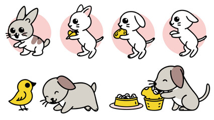 Playful Pets Kawaii Sticker Icon Set – Cute Cats, Dogs, Rabbits and Birds Running, Jumping, Sleeping and Eating, Cartoon Vector Pack for Kids, Logos and Pet Food Packaging