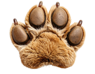 A close-up view of a realistic animal paw print showcasing detailed fur and textured pads on a white background.