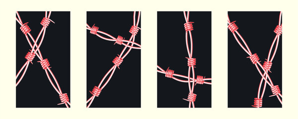 Set of vertical backgrounds showcases a retro collage style. Barbed wire is cut out of paper with a halftone effect, enhanced by a red tint on a black backdrop.