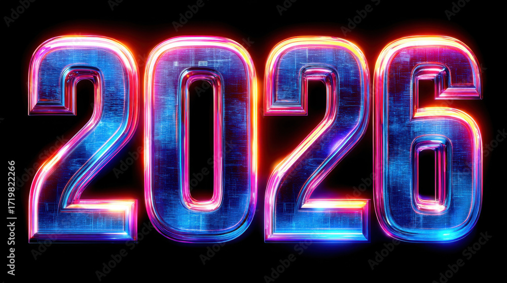 Poster vibrant and futuristic representation of year 2026, featuring bold, illuminated numbers with glossy 
