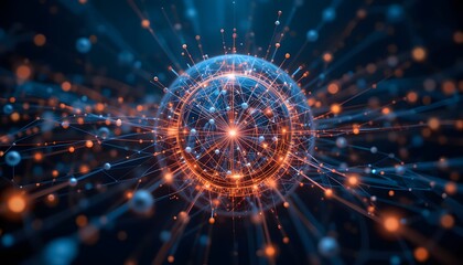Stunning digital network globe with glowing nodes and connections, perfect for high-tech, global communications, or scientific visualization projects