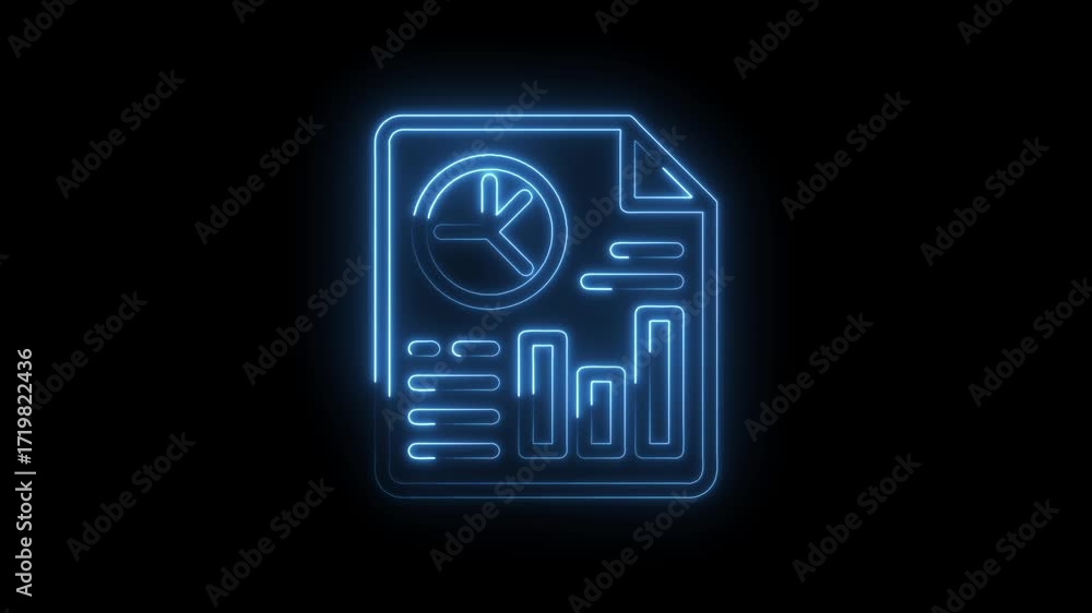 Poster glowing neon report with pie chart and bar graph on black background animation