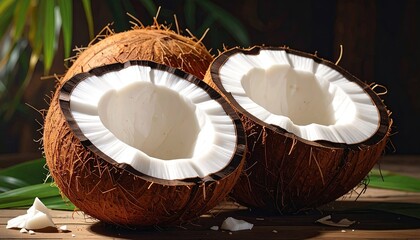 Two Halved Coconuts on Wooden Surface