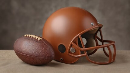 Brown football helmet and leather ball on textured background, perfect for sports-themed promotions and designs with a vintage touch