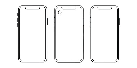 Smartphone outlines show different screen styles in a row, presenting modern mobile technology and minimalist aesthetic.