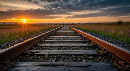 Obraz premium A long, straight railroad track stretches into the distance, with a vibrant sunset in the background and a field of purple flowers on either side.
