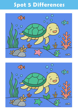 Find 5 differences in illustration. Educational activity with cute turtle illustration. Summer worksheet for kids. Spot differences. Educational fun game for children.