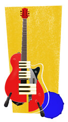 Bright poster. Red electric guitar with piano keys and blue tambourine on yellow background. Concept of commercial music ads, pop culture design, festival promotion, and branding visuals.