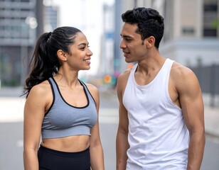 Happy young couple in athletic wear smiles and looks at each other on a city street, embodying a healthy lifestyle and strong connection.