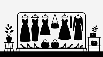 Elegant dresses on a modern clothing rack with stylish heels and handbags, a fashionable vector showcase for boutique collections and wardrobe design inspiration