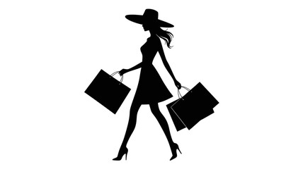 Elegant silhouette of a woman shopping with bags, perfect for fashion blogs, retail ads, and stylish marketing materials, conveying sophistication and luxury