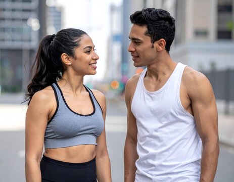 Happy young couple in athletic wear smiles and looks at each other on a city street, embodying a healthy lifestyle and strong connection.