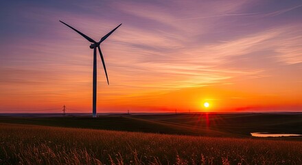 A wind turbine stands tall in a field at sunset, with a vibrant orange and pink sky in the background.
