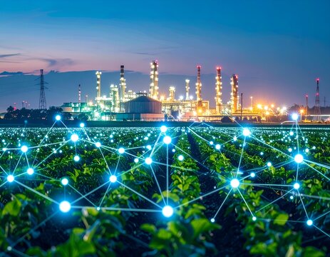 Digital network overlay on a lush green field with a glowing industrial plant in the background at twilight, symbolizing technology in agriculture and energy.