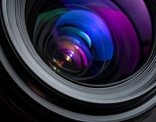 Vibrant blue and purple light reflections shimmer on a camera lens, capturing the essence of optics and photography technology.