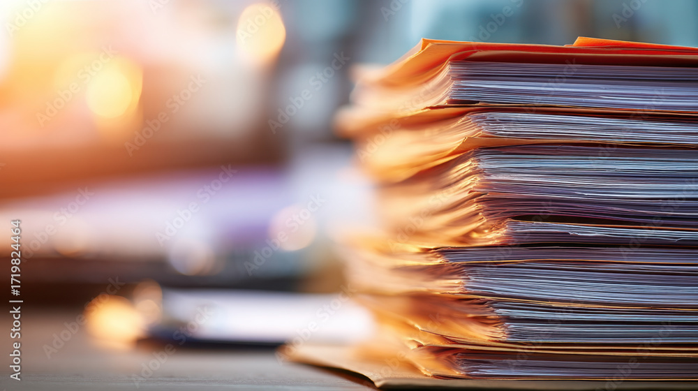 Poster stack of documents and papers in office setting, symbolizing organization and workload. warm light i