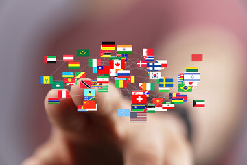 Image of interconnected flags representing global network, international business, and world connections.