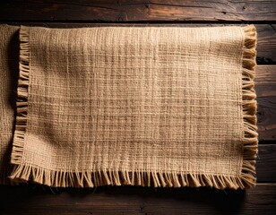 Natural textured burlap fabric with fringed edges on a dark rustic wooden background, offering an earthy and organic backdrop for designs.