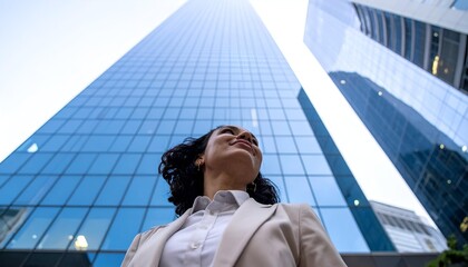 Confident businesswoman looks up at towering skyscrapers, symbolizing ambition, success, and a bright future in the modern urban landscape.