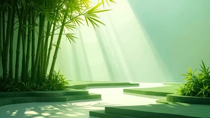 Sunshine scenery of bamboo forest and platform