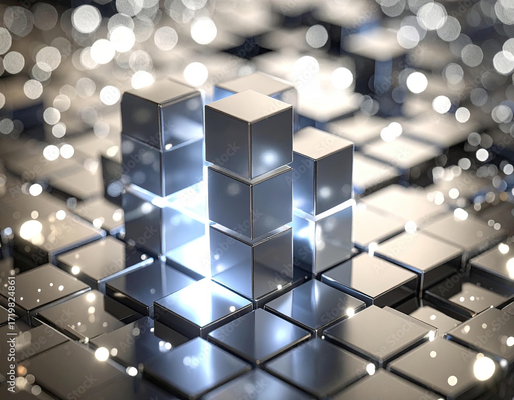 Poster gleaming metallic cubes form a vibrant grid, with stacked elements glowing against a sparkling bokeh
