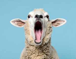 Funny white sheep with wide open mouth, loudly baaing or shouting, isolated on a bright blue studio background, close-up.