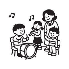 A black and white vector illustration of children in a classroom playing music together. 