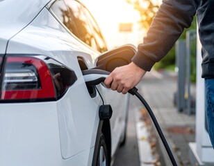 Close-up of a hand plugging a charging cable into a white electric car, highlighting sustainable energy and future mobility.