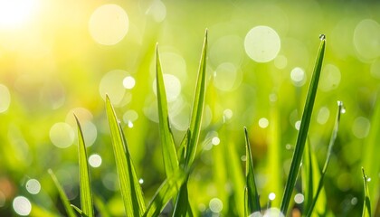 Close-up of vibrant green grass with glistening morning dew drops and beautiful sunlit bokeh, symbolizing freshness, growth, and nature's serene beauty.