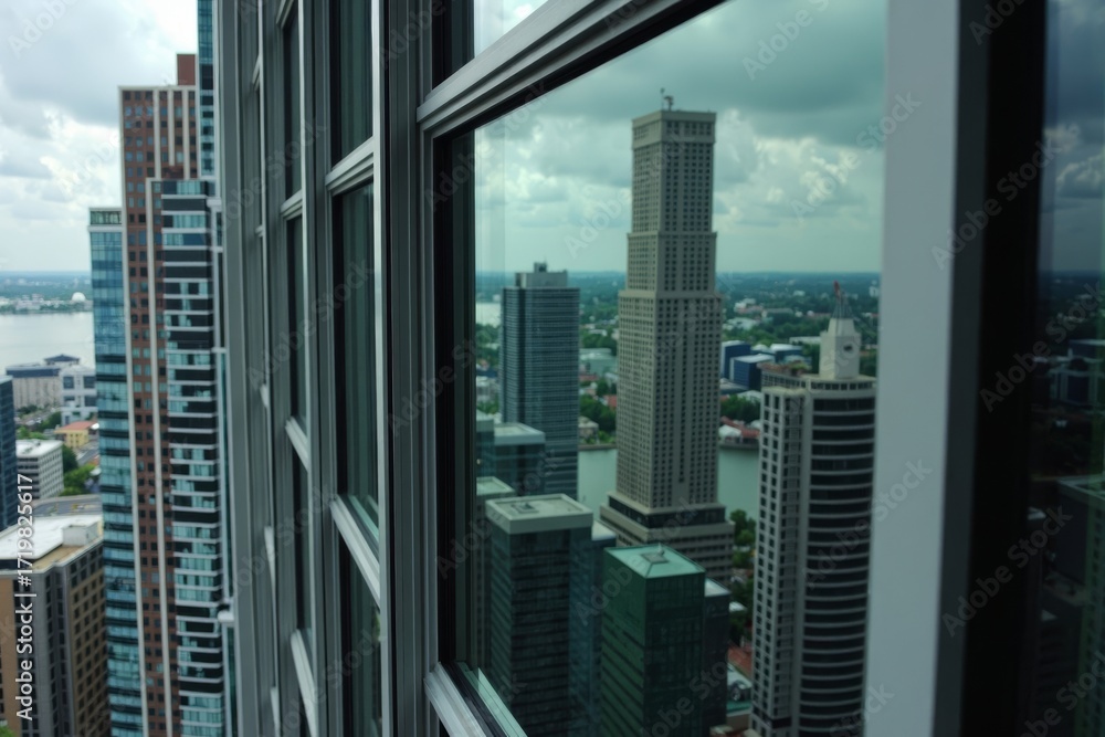 Poster skyscrapers reflected in window from overhead view.