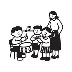 A black and white vector illustration of children in a classroom playing music together. 