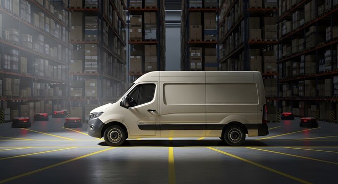Modern white cargo van in automated warehouse with robotic movers