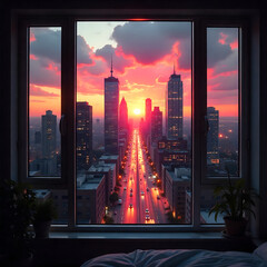
A breathtaking cityscape at sunset, viewed in a window, The sun sets at the end of a bustling street flanked by skyscrapers with beautiful unique wither.